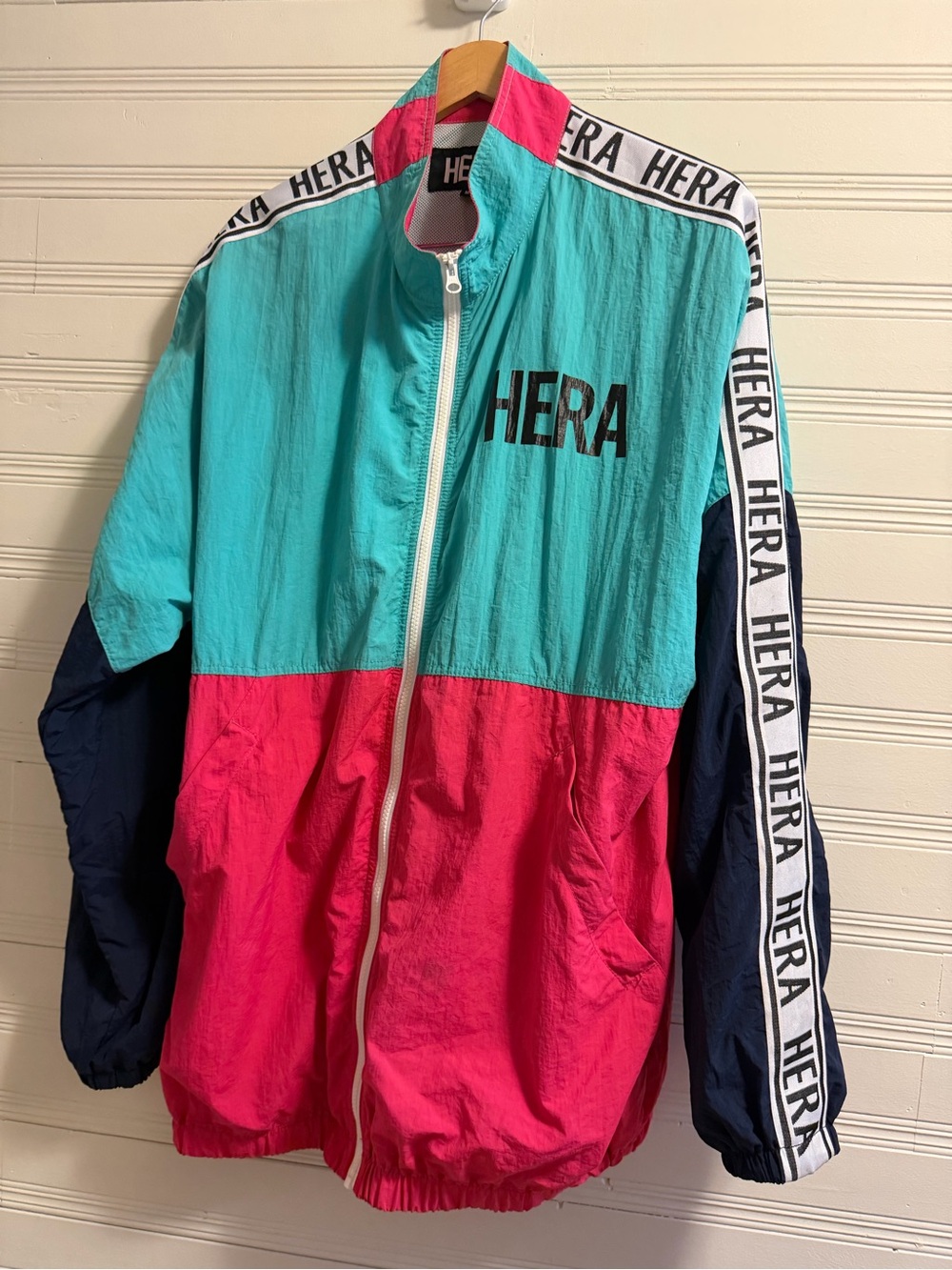 HERA Colorblock Windbreaker Jacket Teal Pink Logo Tape Mesh Lined Size Medium